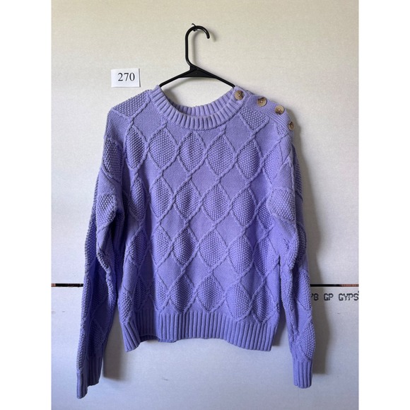 Sweaters - Purple Diamond Cable Knit Sweater Button Shoulder Crew Neck Pullover Lilac